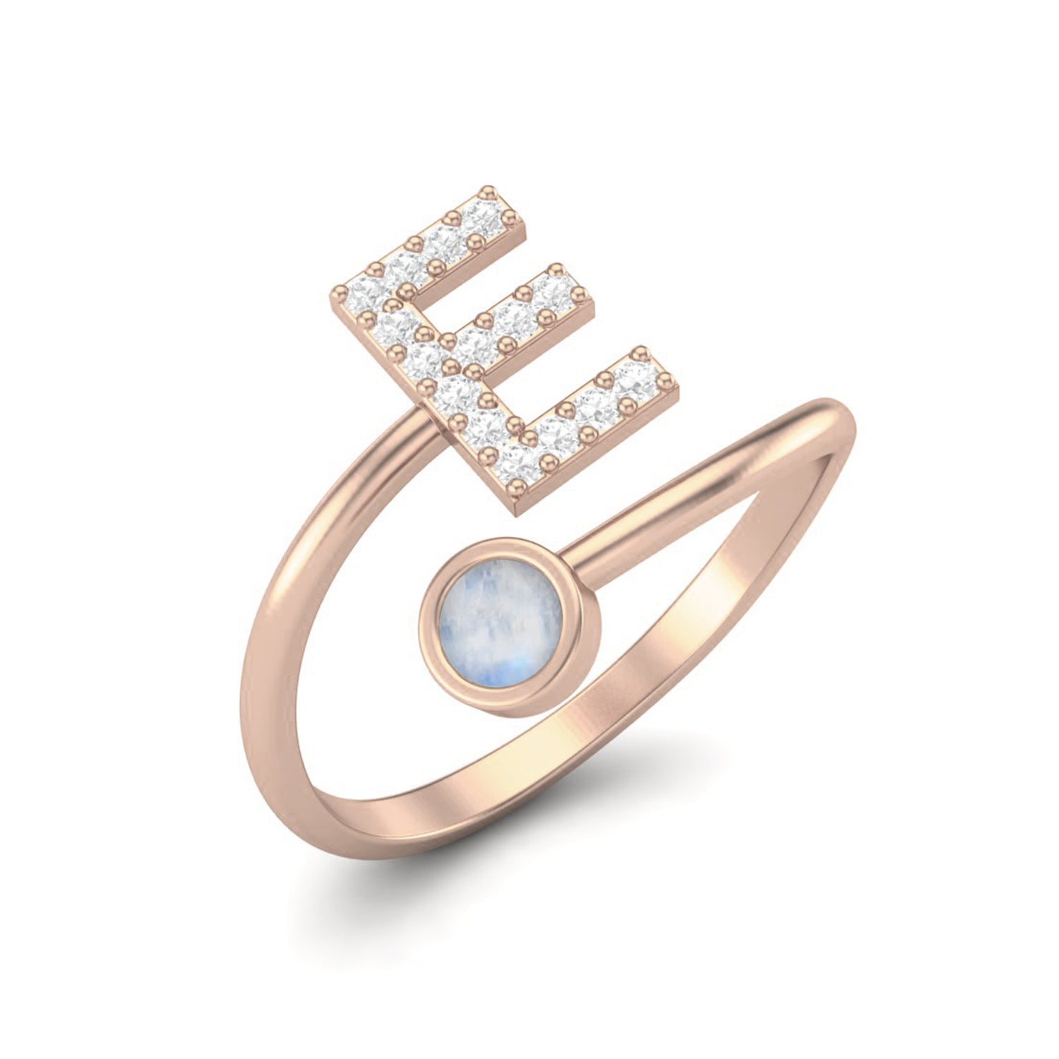 Capital E Initial Letter Natural Moonstone Wedding Ring Adjustable Front Open Ring 925 Sterling Silver Ring