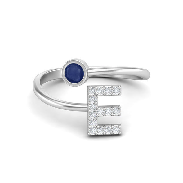 Capital E Initial Letter Blue Sapphire Ring Adjustable Front Open Ring 925 Sterling Silver Wedding Ring