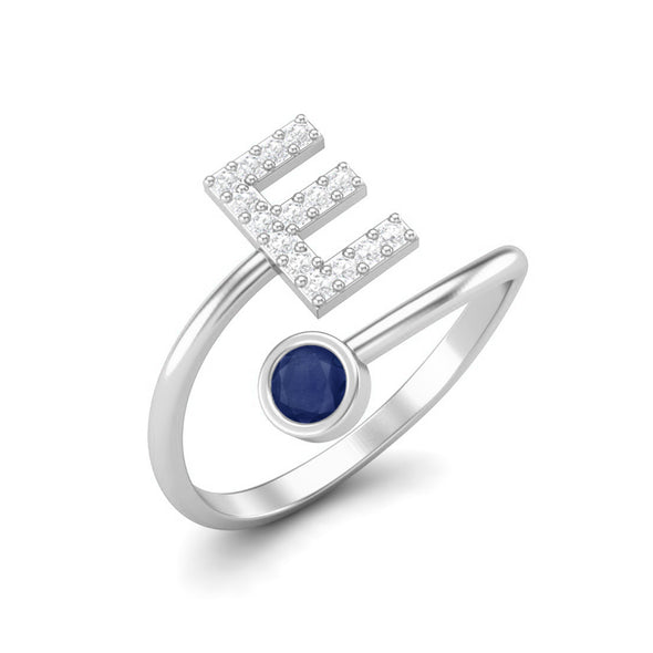 Capital E Initial Letter Blue Sapphire Ring Adjustable Front Open Ring 925 Sterling Silver Wedding Ring