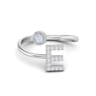 Capital E Initial Letter Natural Moonstone Wedding Ring Adjustable Front Open Ring 925 Sterling Silver Ring