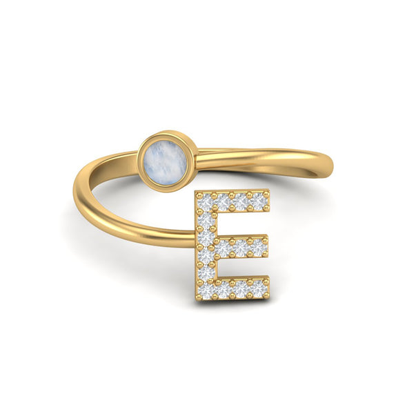 Capital E Initial Letter Natural Moonstone Wedding Ring Adjustable Front Open Ring 925 Sterling Silver Ring