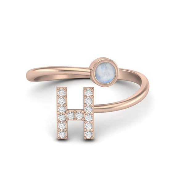 Capital H Initial Letter Moonstone Adjustable Wedding Ring 925 Sterling Silver Front Open Ring