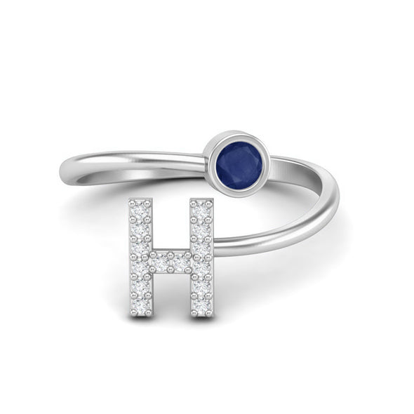 Capital H Initial Letter Blue Sapphire Gemstone Ring Adjustable Front Open Ring 925 Sterling Silver Bridal Ring