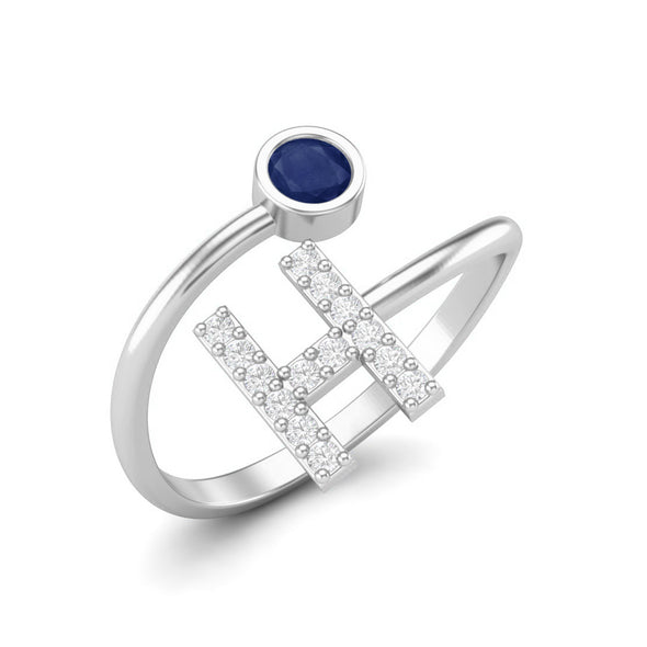 Capital H Initial Letter Blue Sapphire Gemstone Ring Adjustable Front Open Ring 925 Sterling Silver Bridal Ring