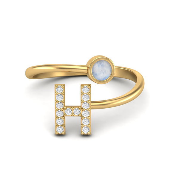 Capital H Initial Letter Moonstone Adjustable Wedding Ring 925 Sterling Silver Front Open Ring
