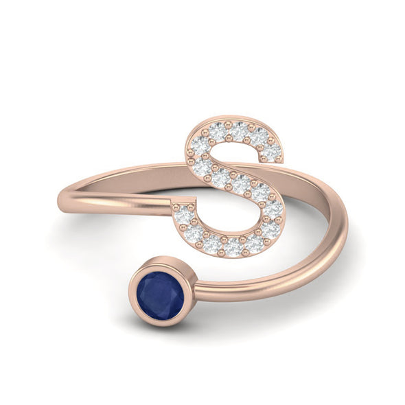 Capital S Initial Letter Blue Sapphire Gemstone Wedding Ring Adjustable Front Open Ring 925 Silver Ring