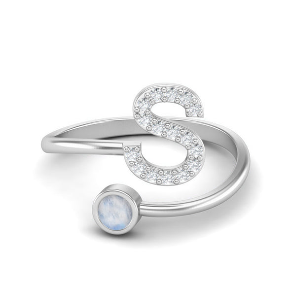 Capital S Initial Letter Moonstone Ring Adjustable Front Open Ring 925 Sterling Silver Bridal Ring