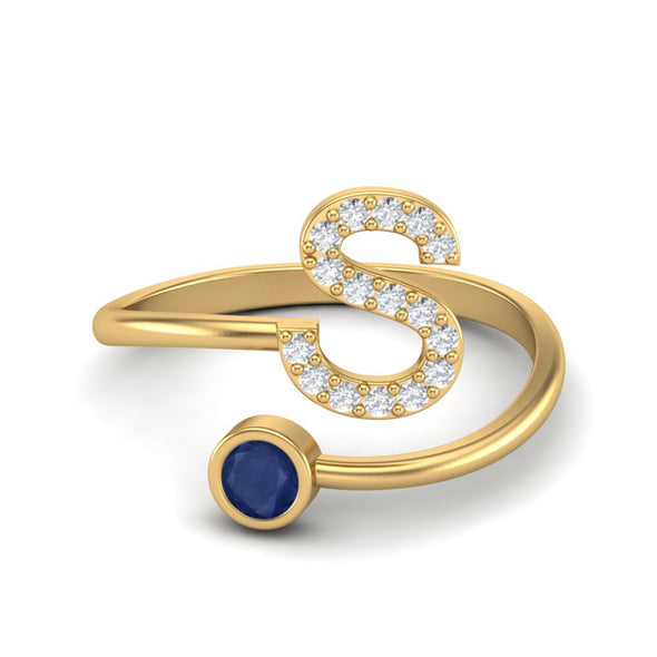 Capital S Initial Letter Blue Sapphire Gemstone Wedding Ring Adjustable Front Open Ring 925 Silver Ring