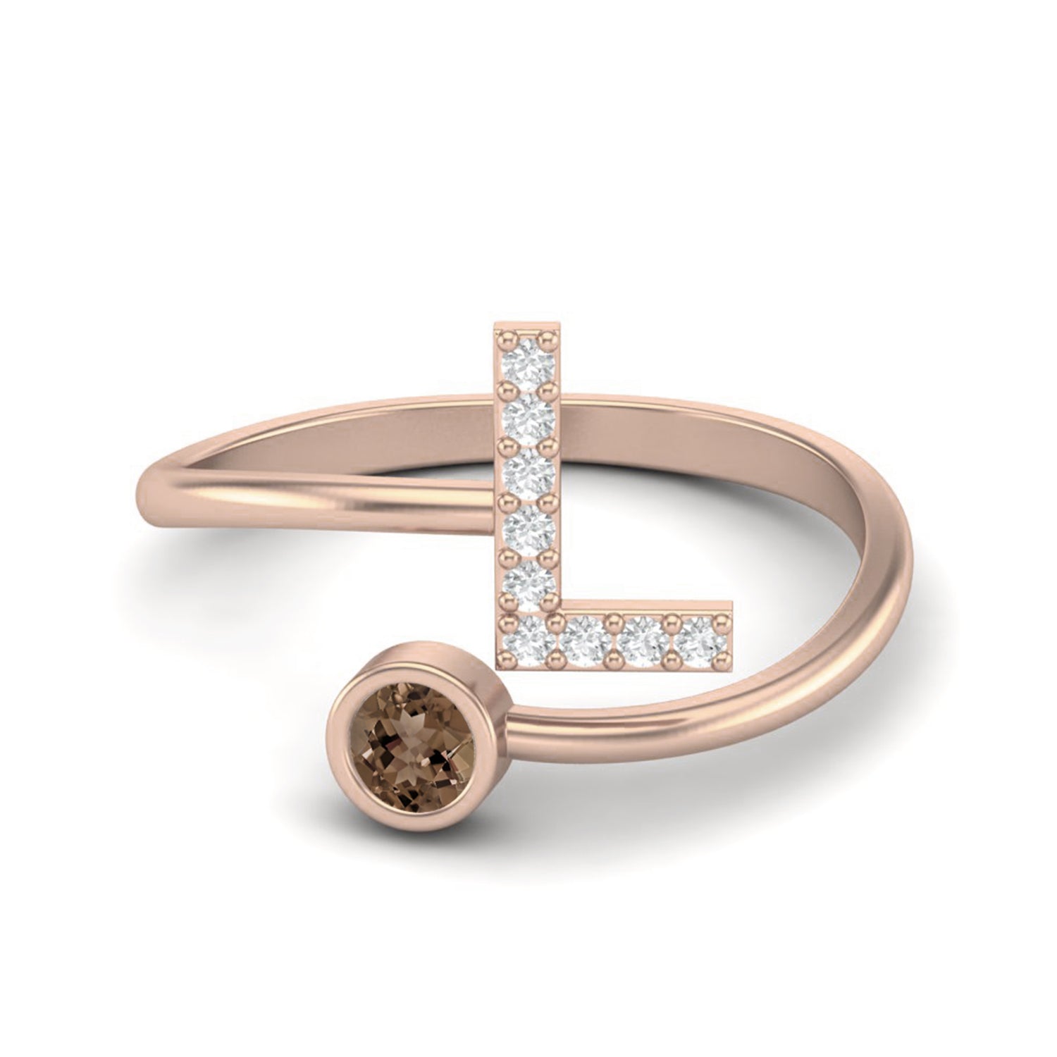 Smoky Quartz 0.10 Ct Round “L” Initial Ring – 14K Yellow Gold