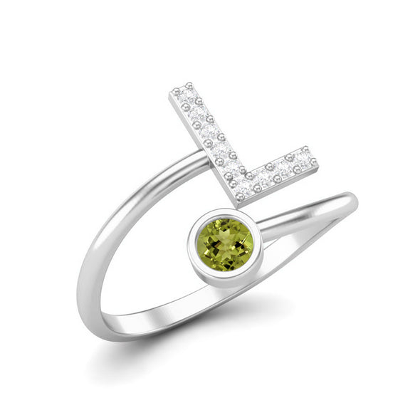 Capital L Initial Letter 3MM Round Shape Peridot Gemstone Women Ring Adjustable Front Open Ring Jewelry 925 Sterling Silver