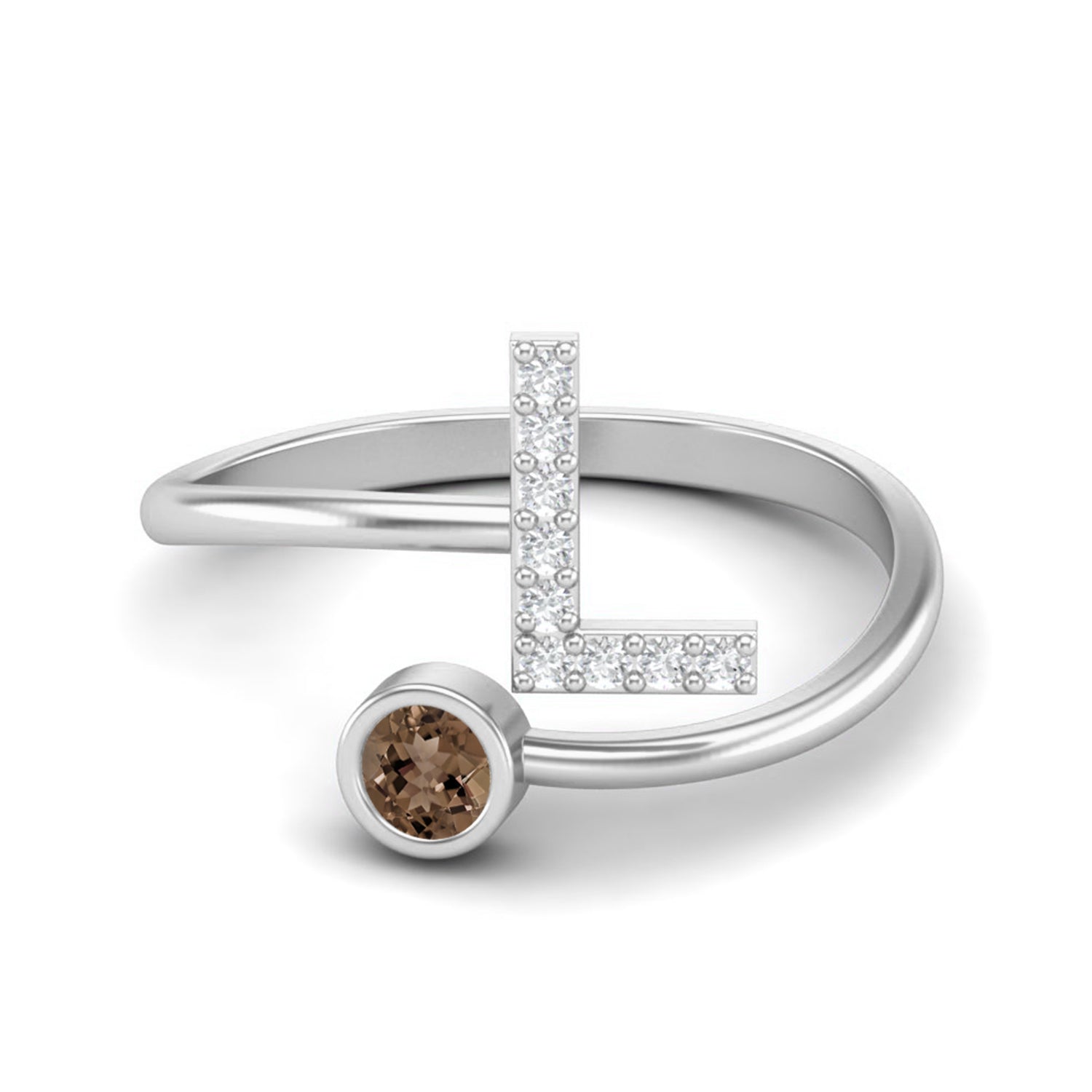 Smoky Quartz 0.10 Ct Round “L” Initial Ring – 14K Yellow Gold