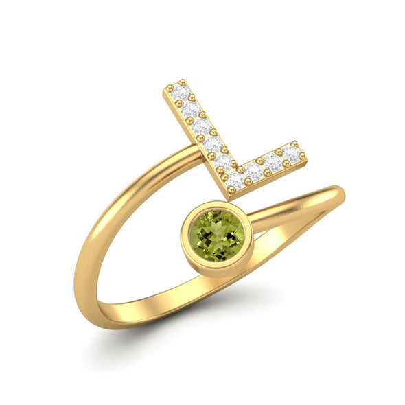 Capital L Initial Letter 3MM Round Shape Peridot Gemstone Women Ring Adjustable Front Open Ring Jewelry 925 Sterling Silver