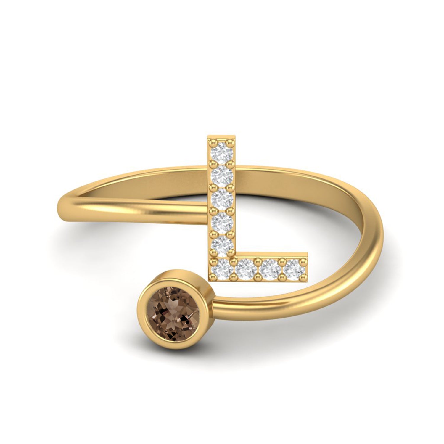 Smoky Quartz 0.10 Ct Round “L” Initial Ring – 14K Yellow Gold