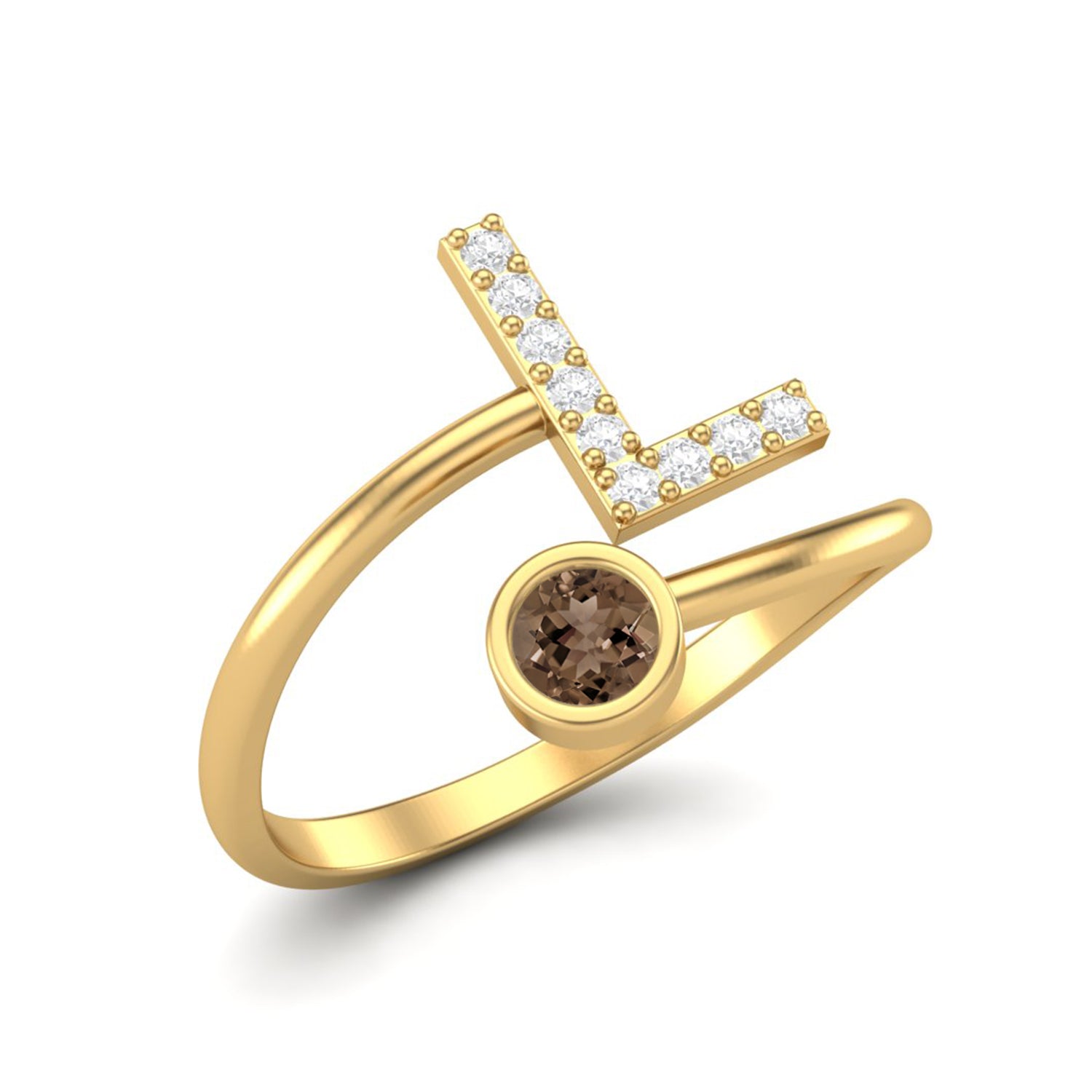 Smoky Quartz 0.10 Ct Round “L” Initial Ring – 14K Yellow Gold