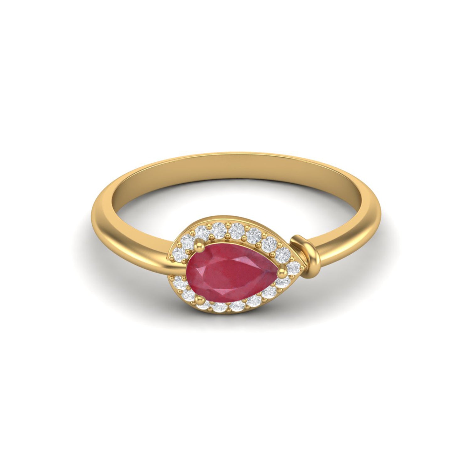 Ruby 0.70 Ct Pear Solitaire Halo Ring  – 14k Yellow Gold