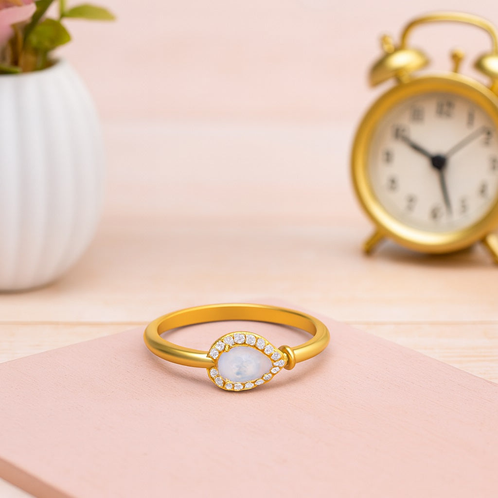 Moonstone Pear Halo Minimalist Ring –  Sterling Silver