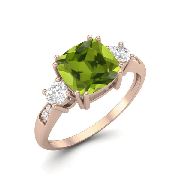 7MM Cushion Shape Green Peridot Wedding Ring 925 Sterling Silver Three Stone Promise Engagement Ring