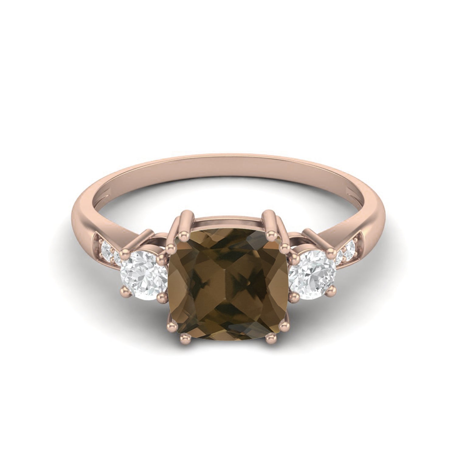 Smoky Quartz 2.05 Ct Cushion Cut Three Stone Ring – 14K Yellow Gold