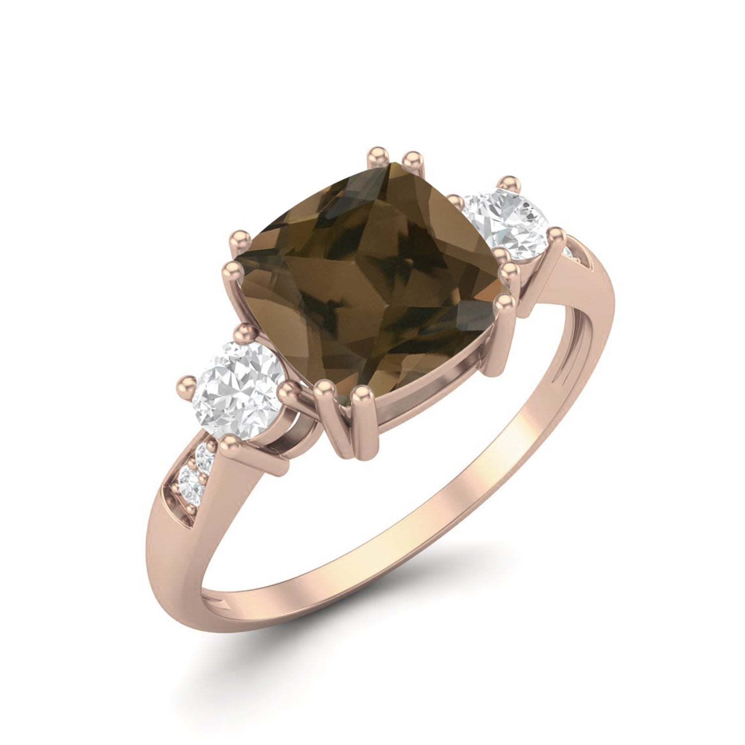 Smoky Quartz 2.05 Ct Cushion Cut Three Stone Ring – 14K Yellow Gold