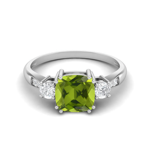 7MM Cushion Shape Green Peridot Wedding Ring 925 Sterling Silver Three Stone Promise Engagement Ring