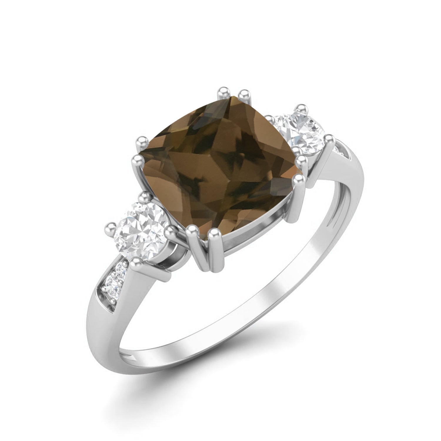 Smoky Quartz 2.05 Ct Cushion Cut Three Stone Ring – 14K Yellow Gold