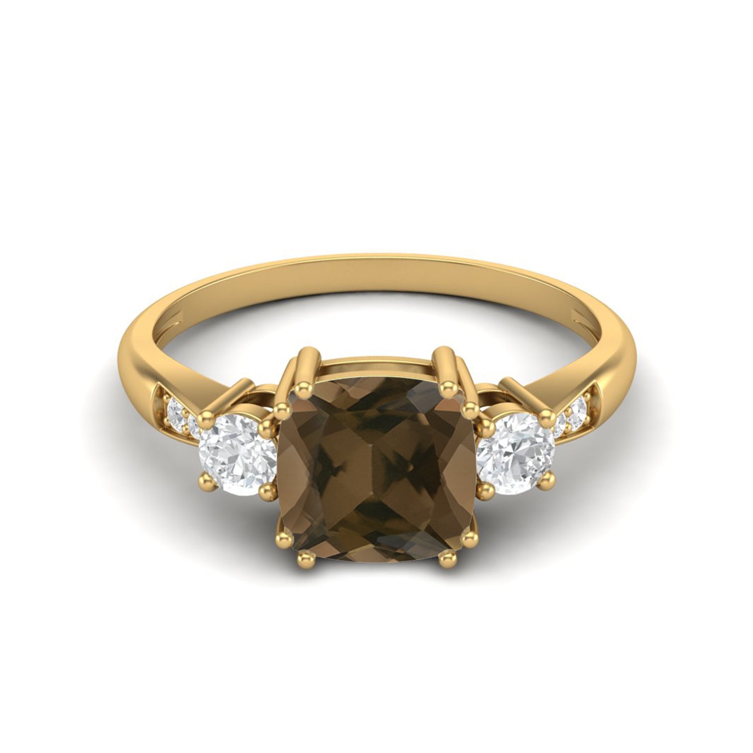 Smoky Quartz 2.05 Ct Cushion Cut Three Stone Ring – 14K Yellow Gold