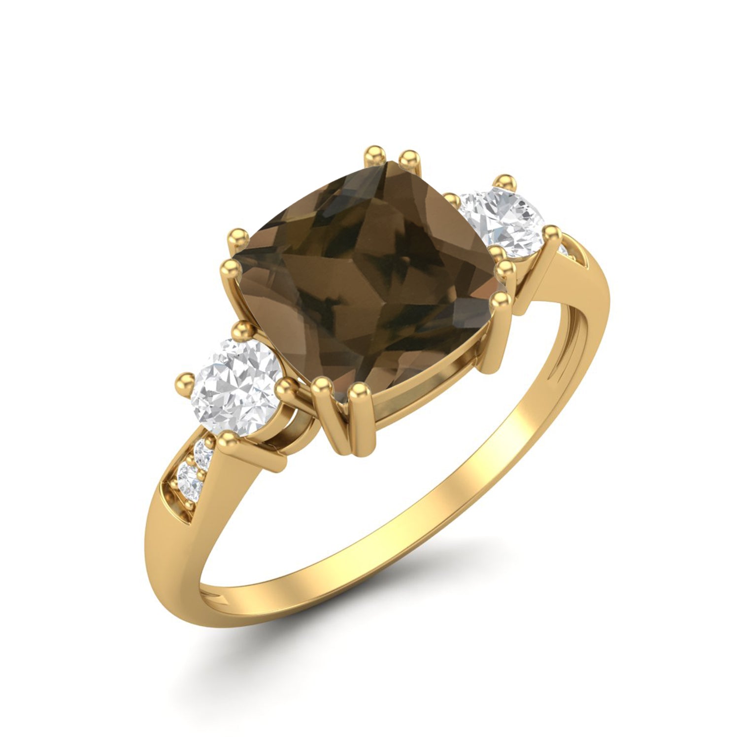 Smoky Quartz 2.05 Ct Cushion Cut Three Stone Ring – 14K Yellow Gold