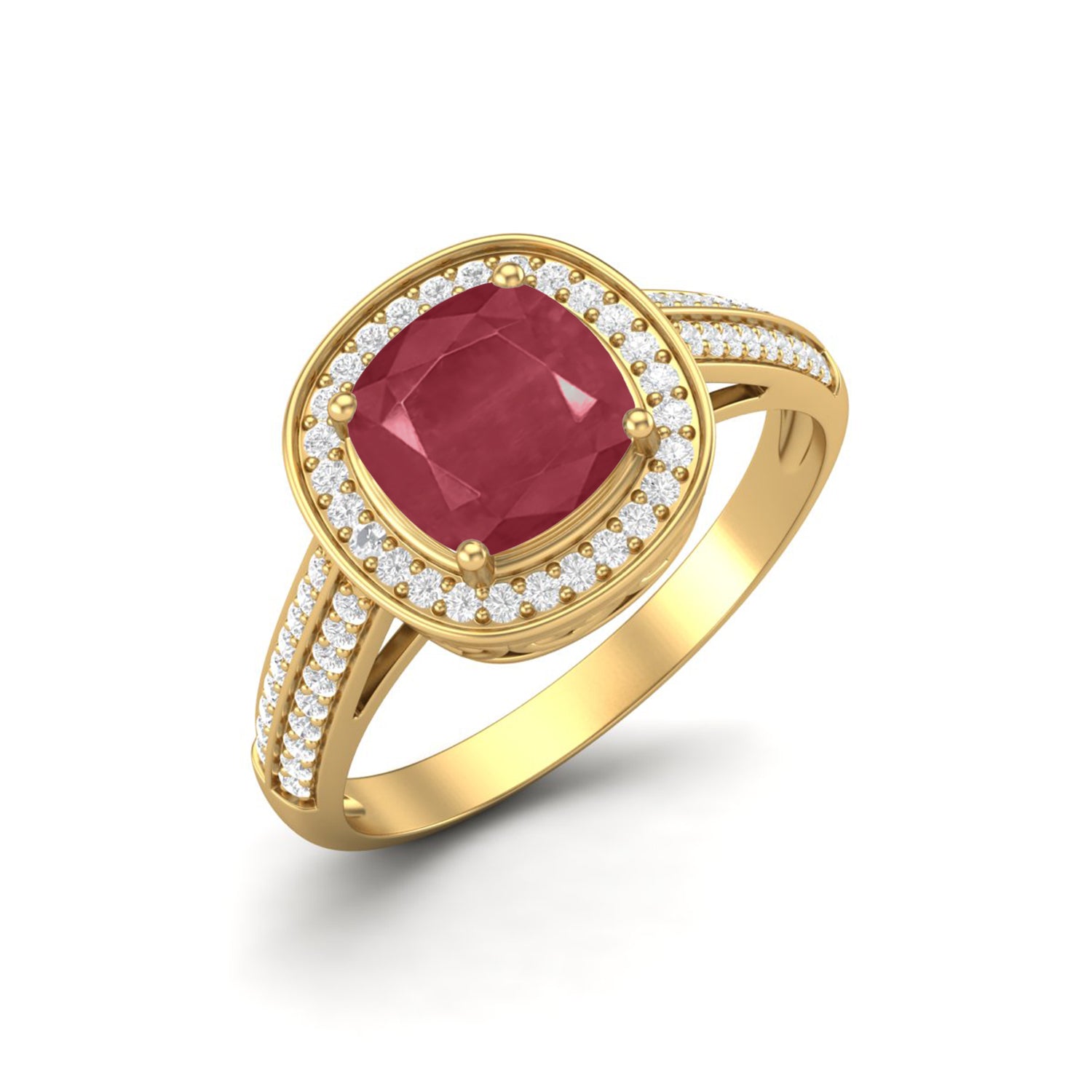 Ruby 2.05 Ct Cushion Solitaire Accents Ring – 14k Yellow Gold