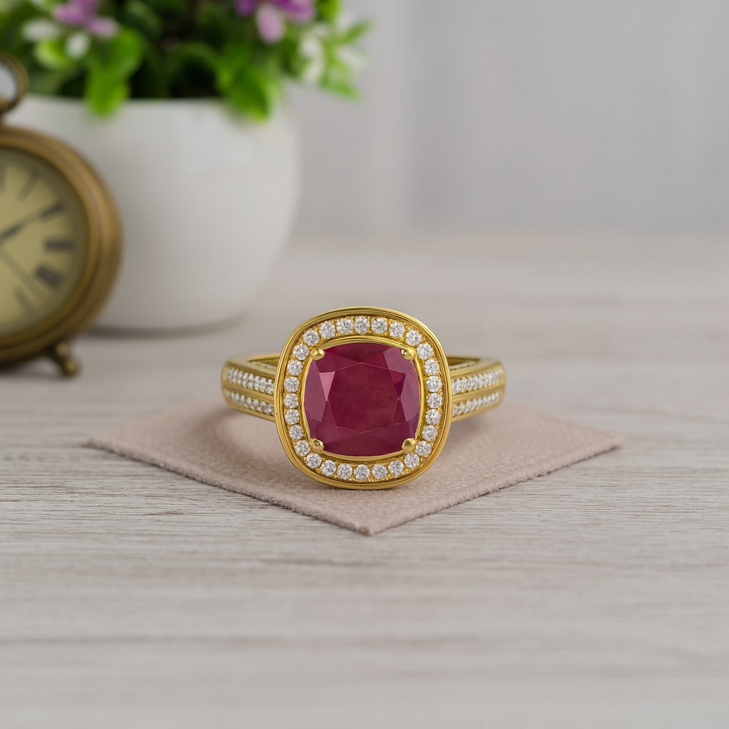 Ruby 2.05 Ct Cushion Solitaire Accents Ring – 14k Yellow Gold