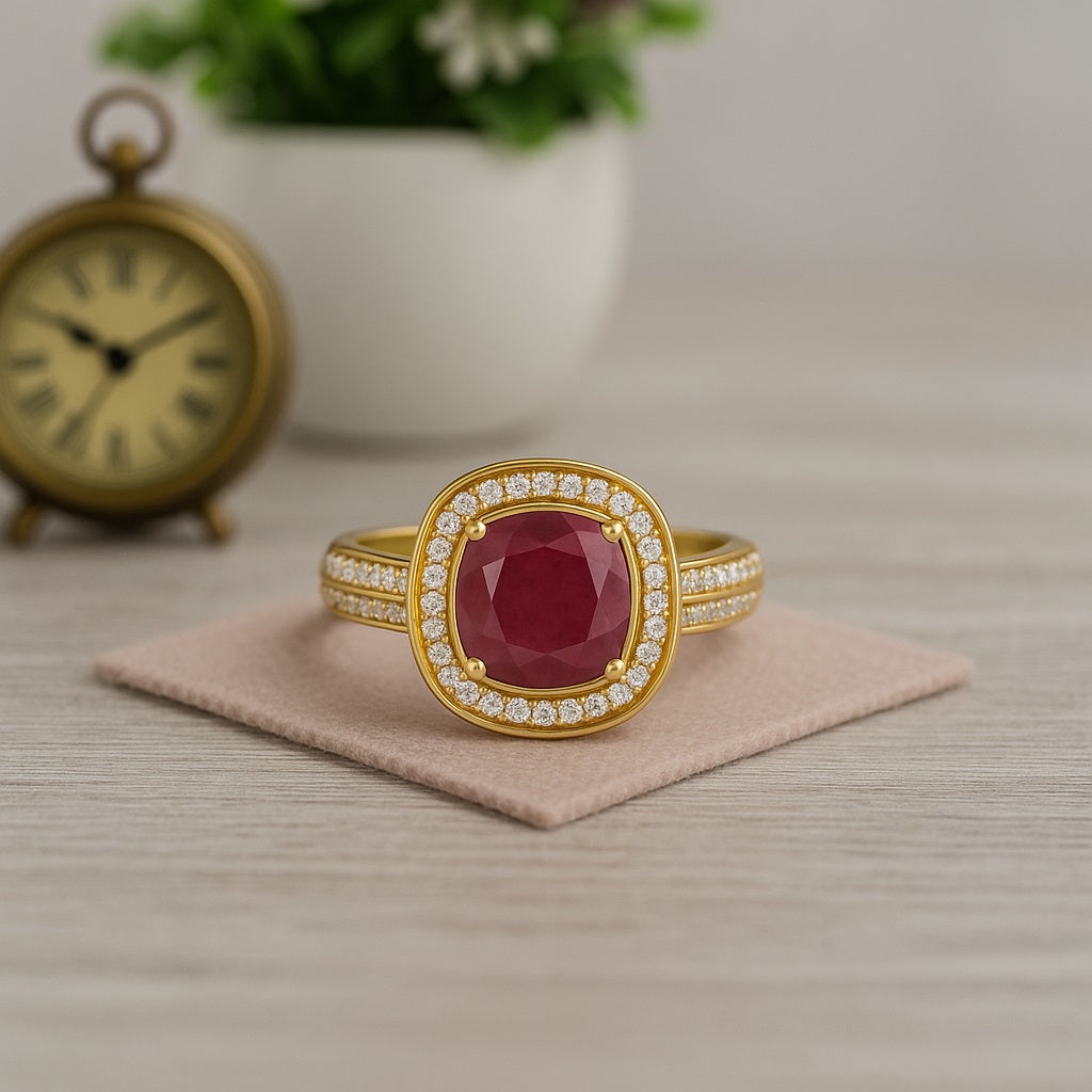 Ruby 2.05 Ct Cushion Solitaire Accents Ring – 14k Yellow Gold