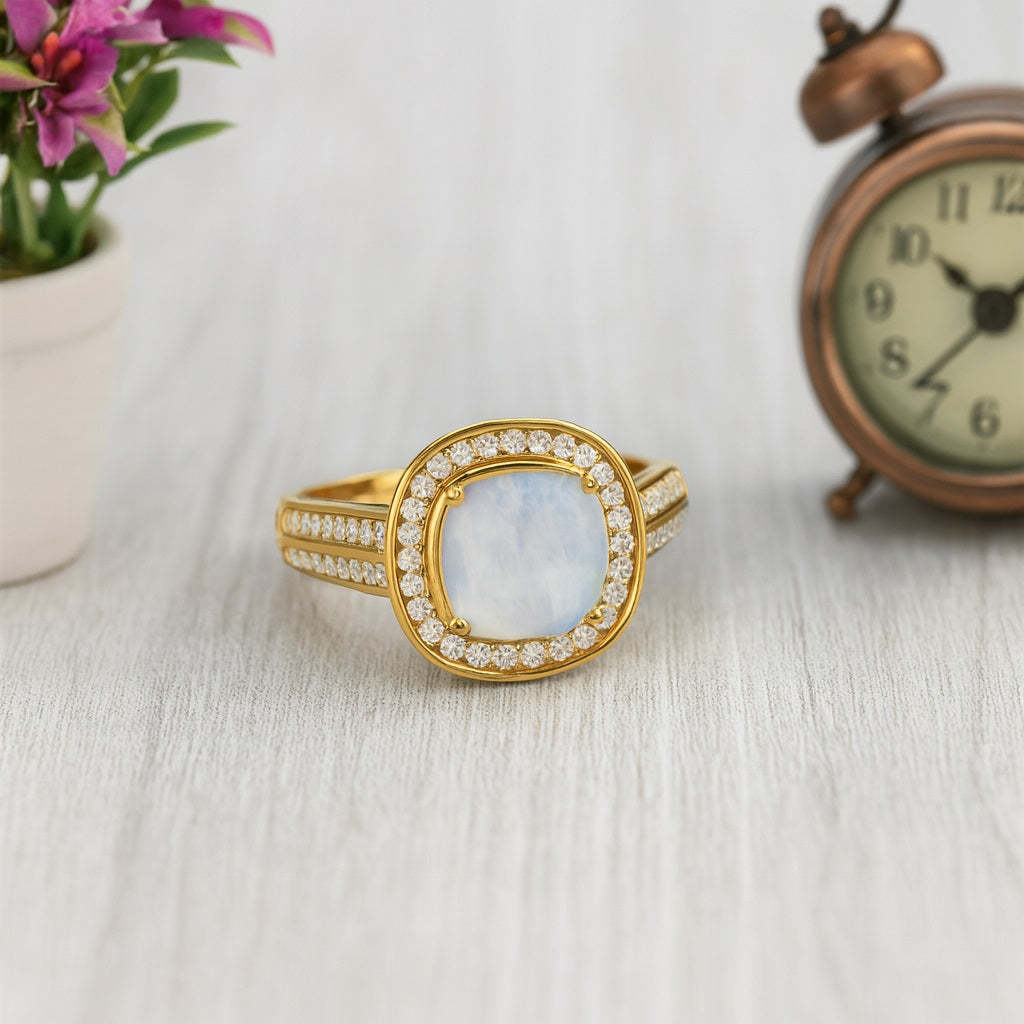 Moonstone Double Halo Ring –  Sterling Silver