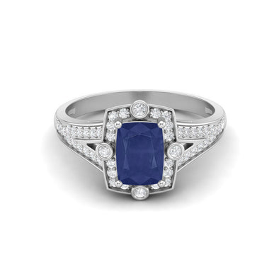 Natural Blue Sapphire Halo Bridal Ring 925 Sterling Silver Solitaire Split Shank Engagement Ring