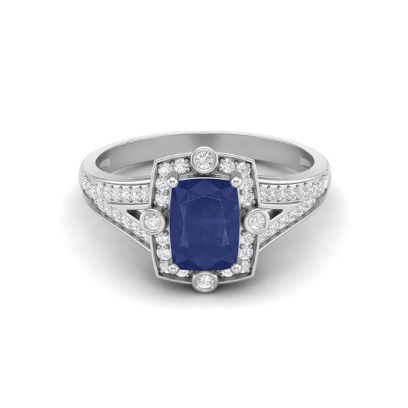 Natural Blue Sapphire Halo Bridal Ring 925 Sterling Silver Solitaire Split Shank Engagement Ring