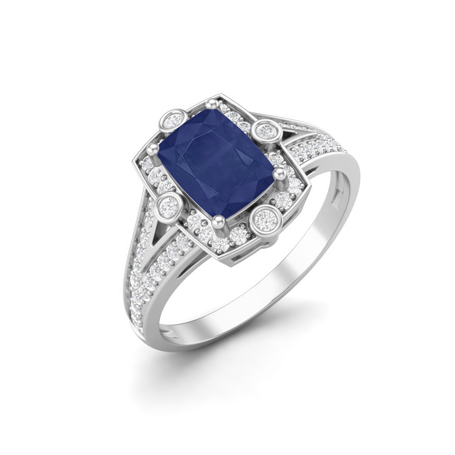 Blue Sapphire Halo Split Shank Bridal Ring – Sterling Silver