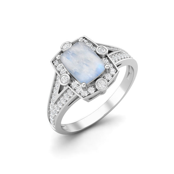 Natural Moonstone Bridal Ring Unique Solitaire Shank Engagement Ring in 925 Sterling Silver