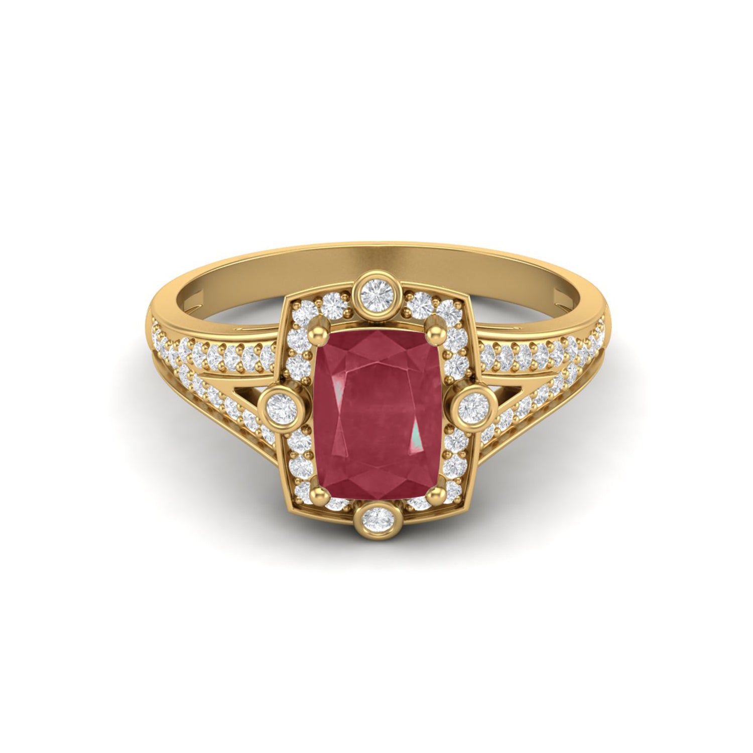 Ruby 1.00 Ct Cushion Halo Split Shank Ring - 14k Yellow Gold