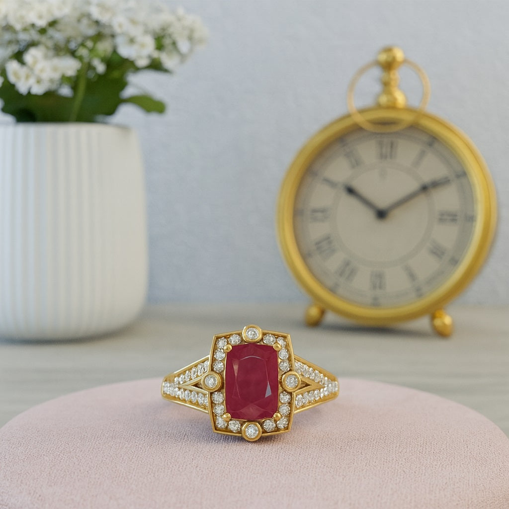 Ruby 1.00 Ct Cushion Halo Split Shank Ring - 14k Yellow Gold