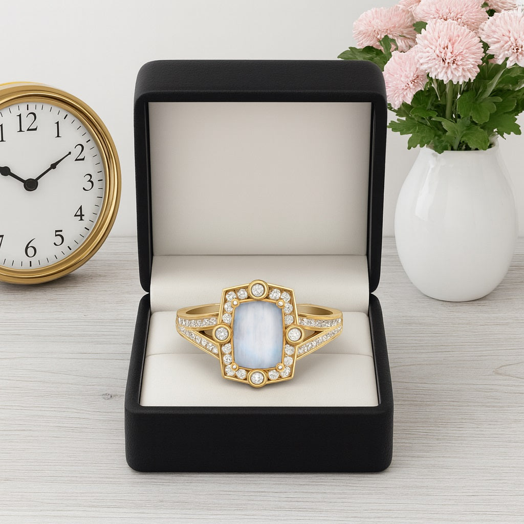 Moonstone Art Deco Halo Design Ring – Sterling Silver