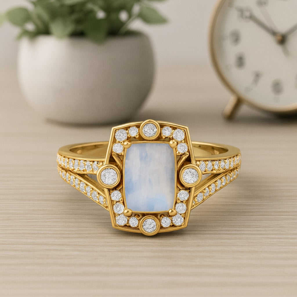 Moonstone Art Deco Halo Design Ring – Sterling Silver