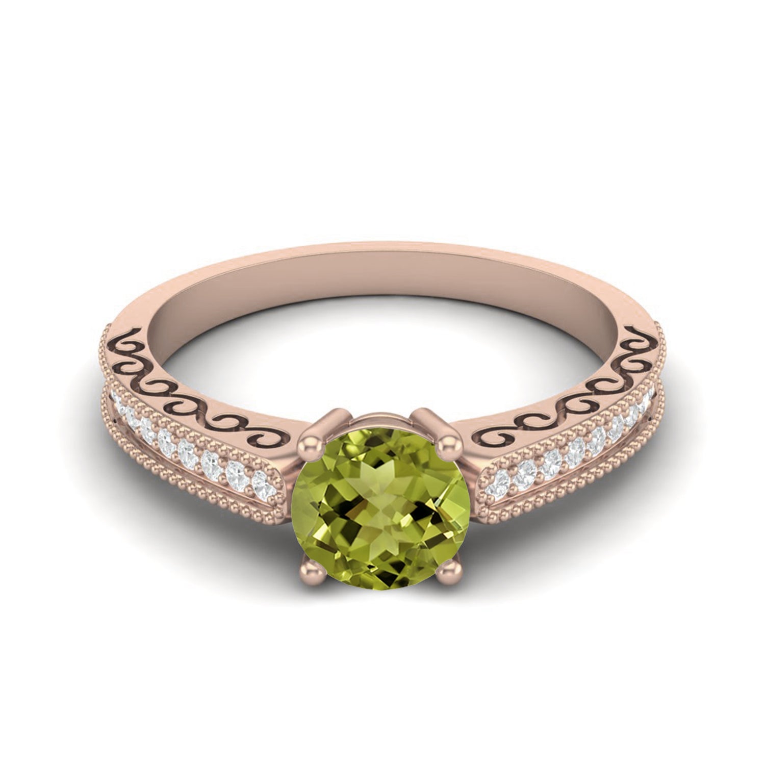 Peridot Engraved Vine Band Design Ring – Sterling Silver