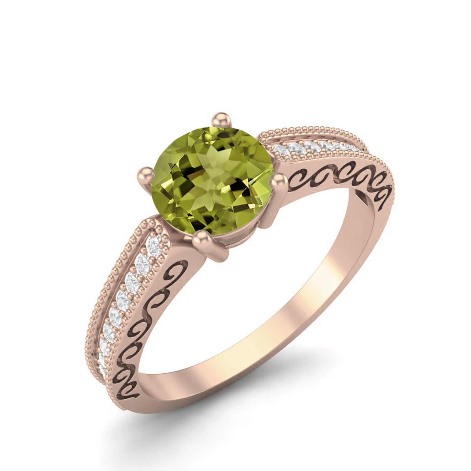Peridot Engraved Vine Band Design Ring – Sterling Silver
