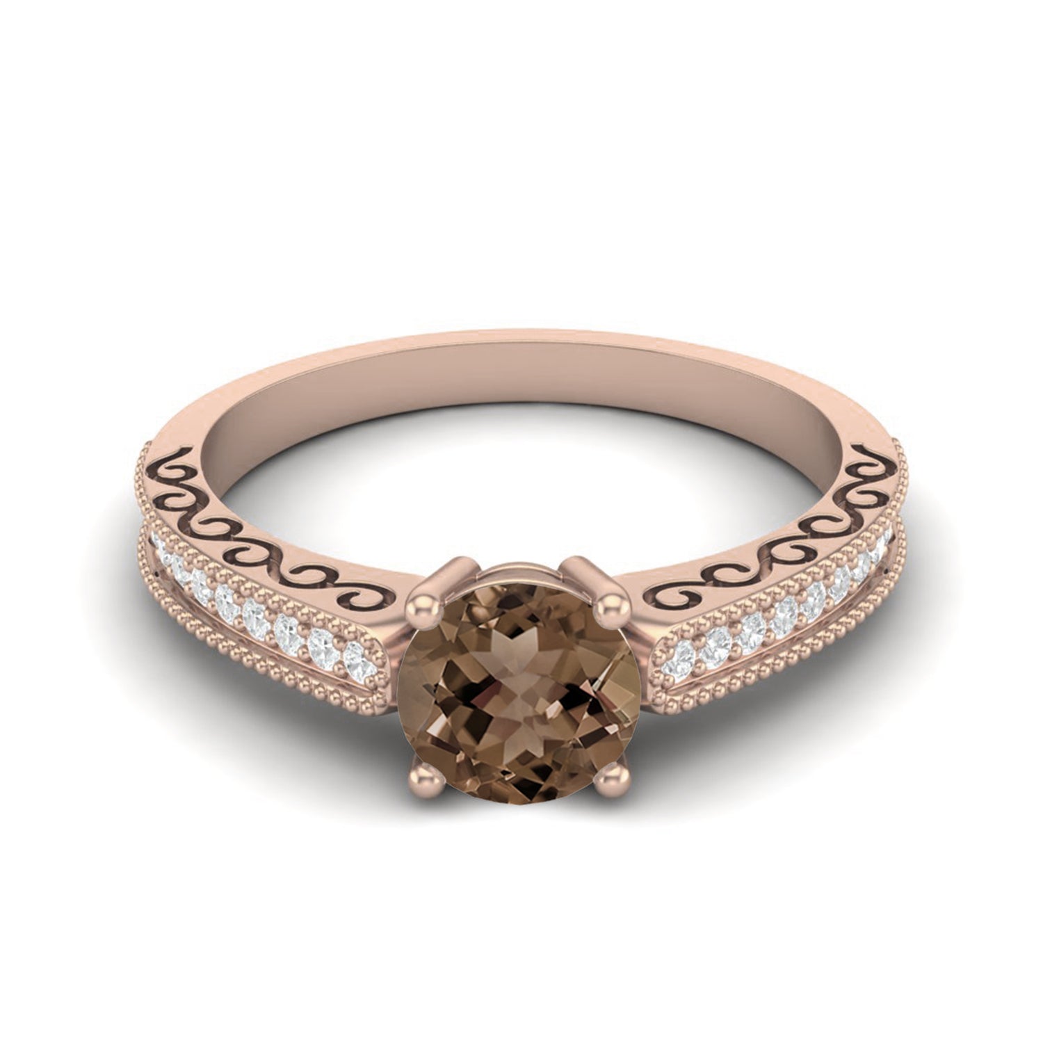 Smoky Quartz 0.75 Ct Round Vintage Inspired Ring – 14K Yellow Gold