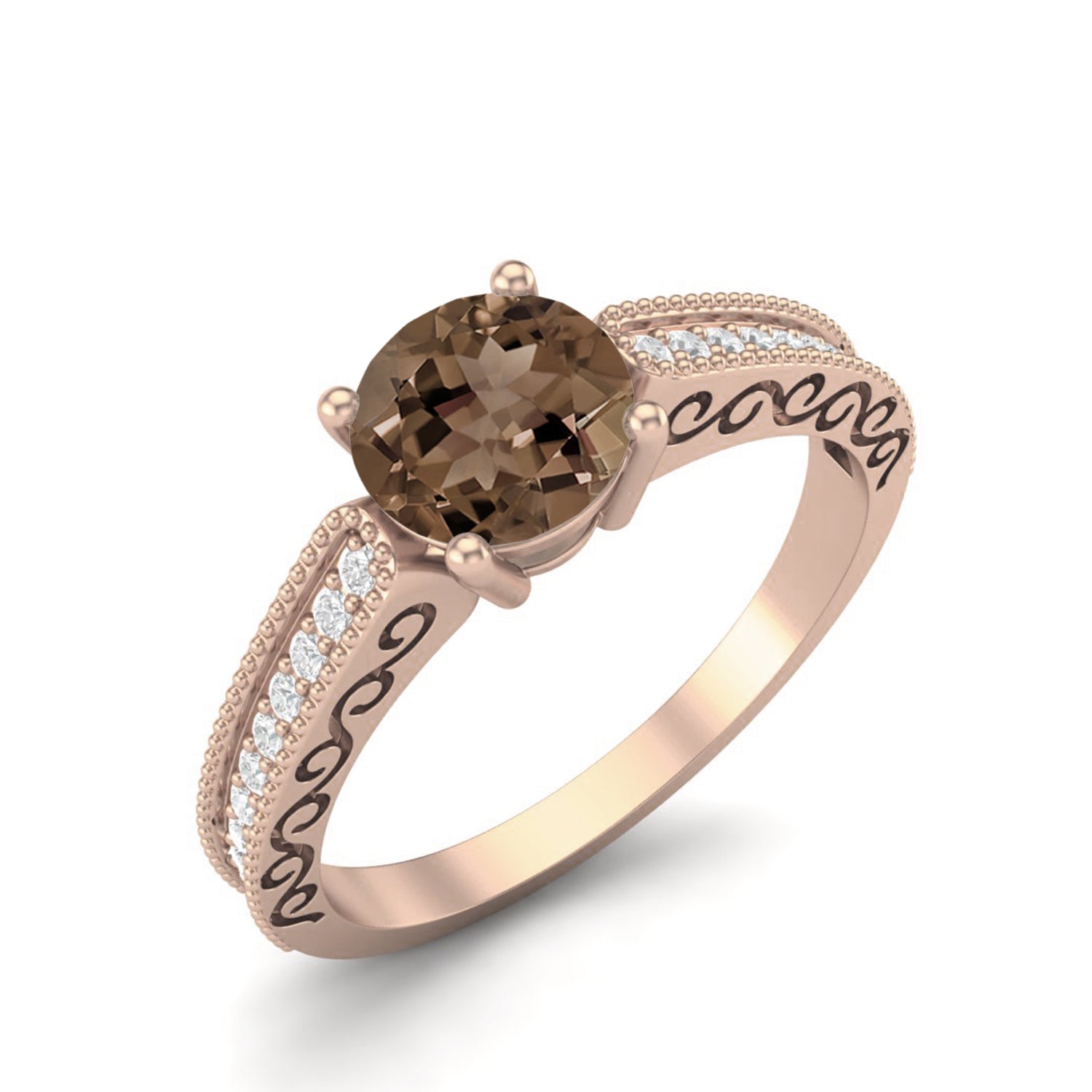 Smoky Quartz 0.75 Ct Round Vintage Inspired Ring – 14K Yellow Gold
