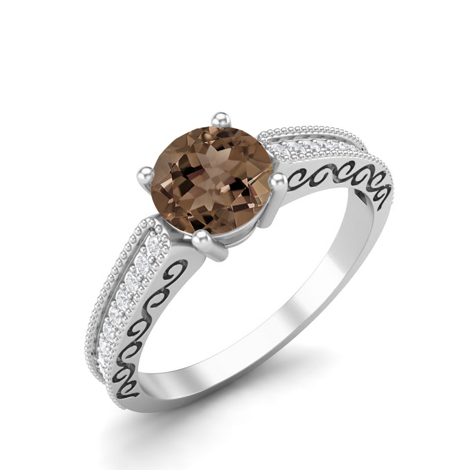 Smoky Quartz 0.75 Ct Round Vintage Inspired Ring – 14K Yellow Gold