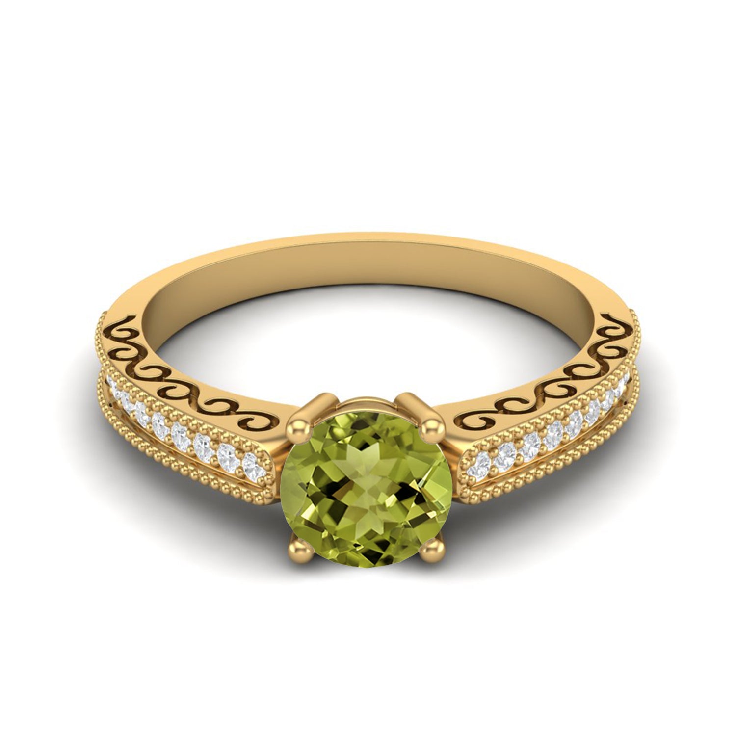Peridot Engraved Vine Band Design Ring – Sterling Silver