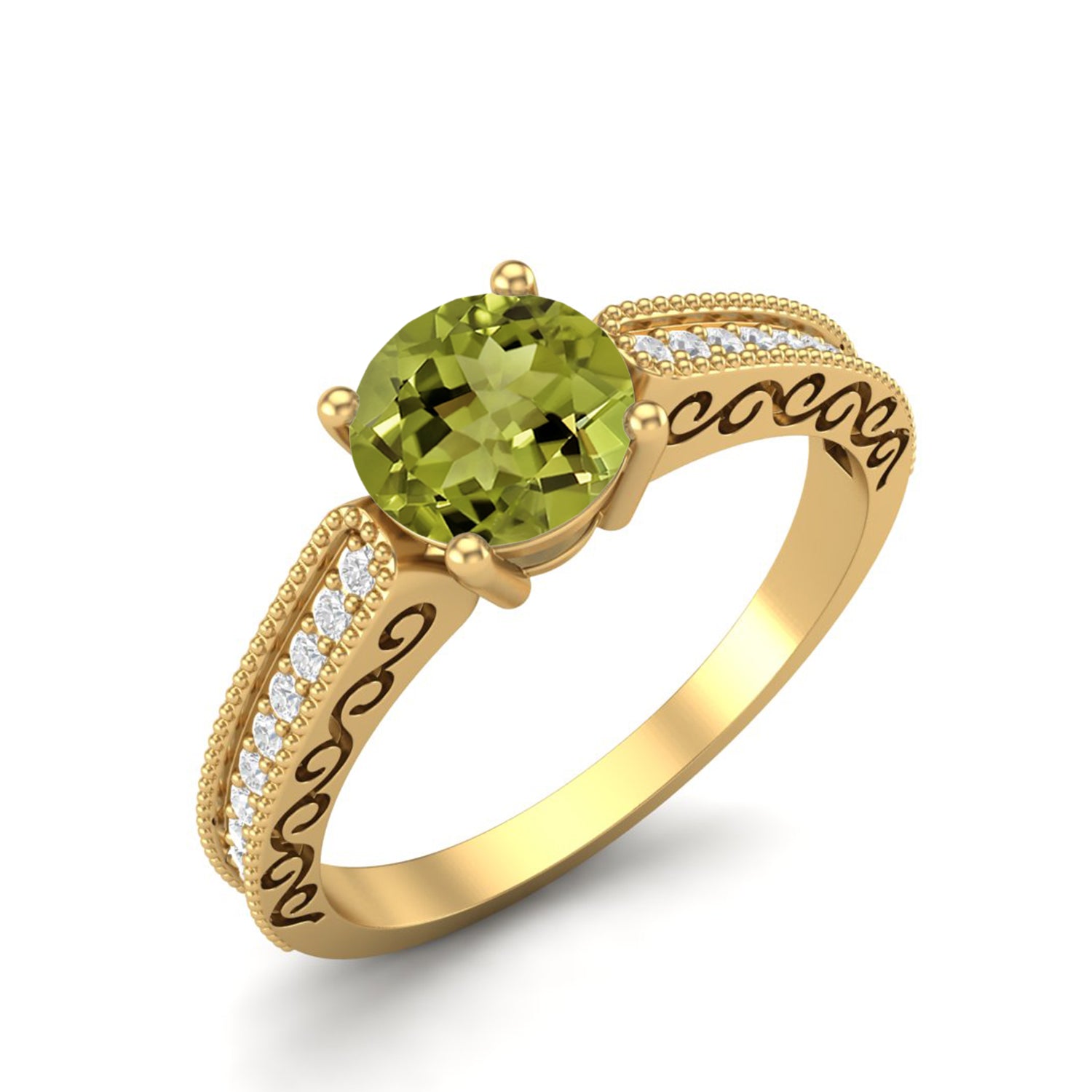Peridot Engraved Vine Band Design Ring – Sterling Silver