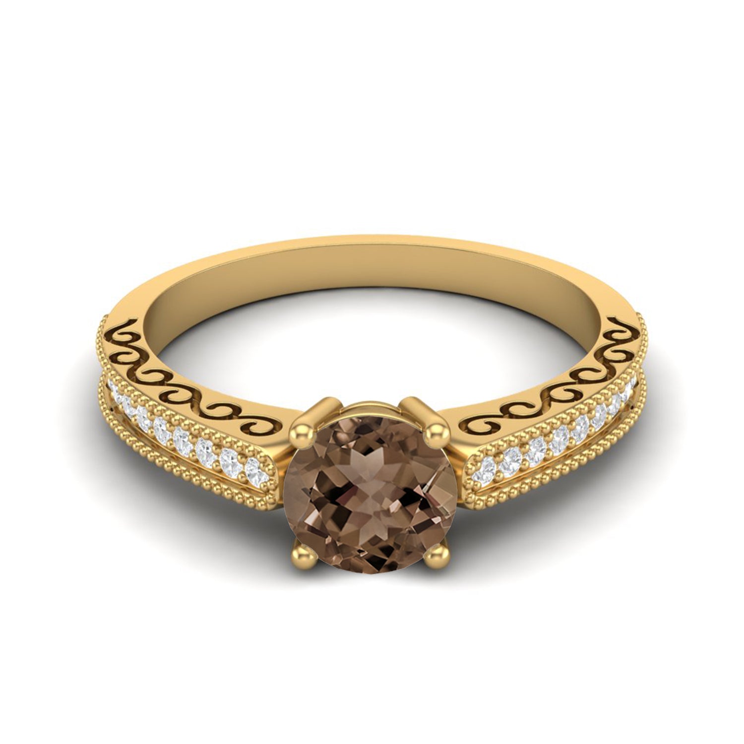 Smoky Quartz 0.75 Ct Round Vintage Inspired Ring – 14K Yellow Gold