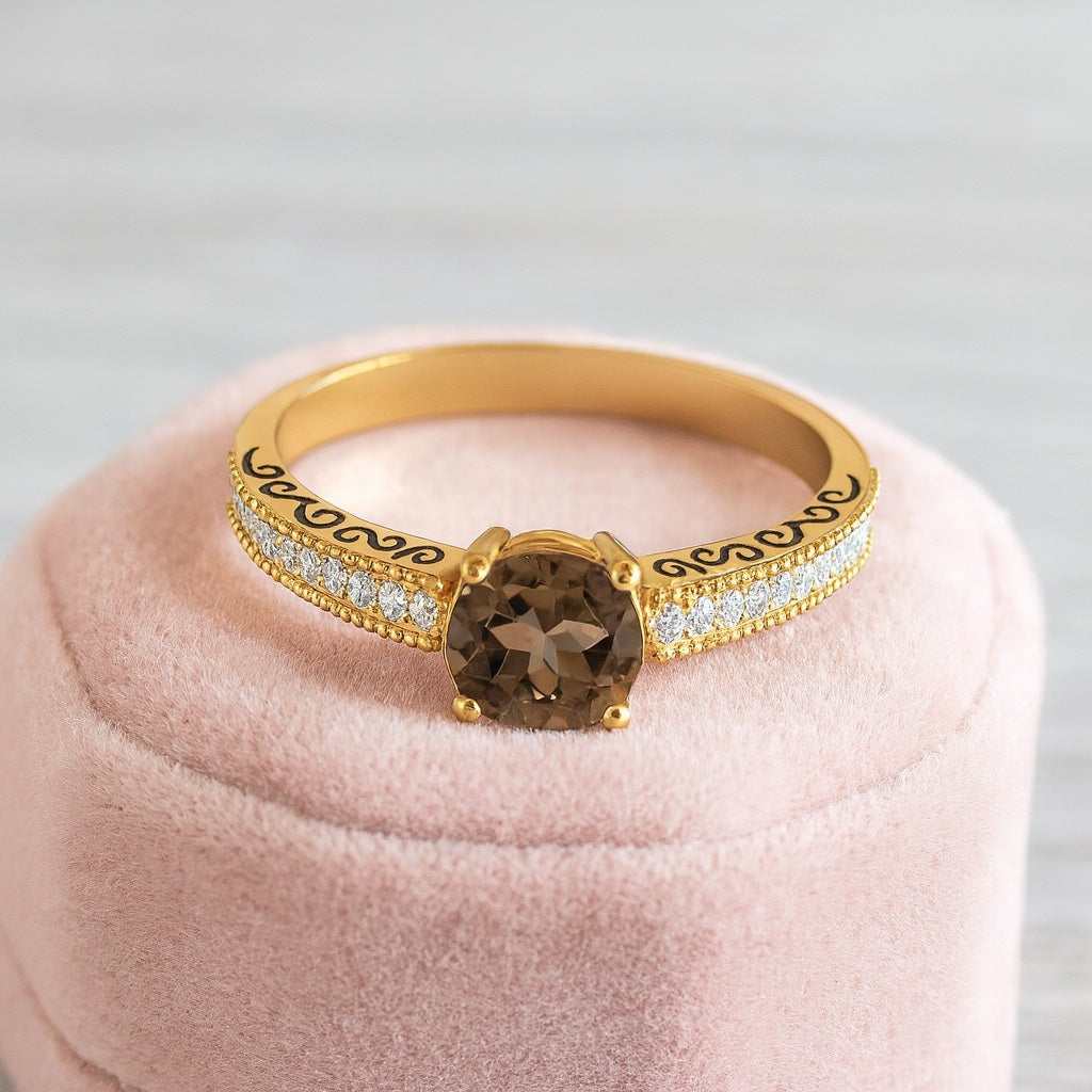 Smoky Quartz 0.75 Ct Round Vintage Inspired Ring – 14K Yellow Gold