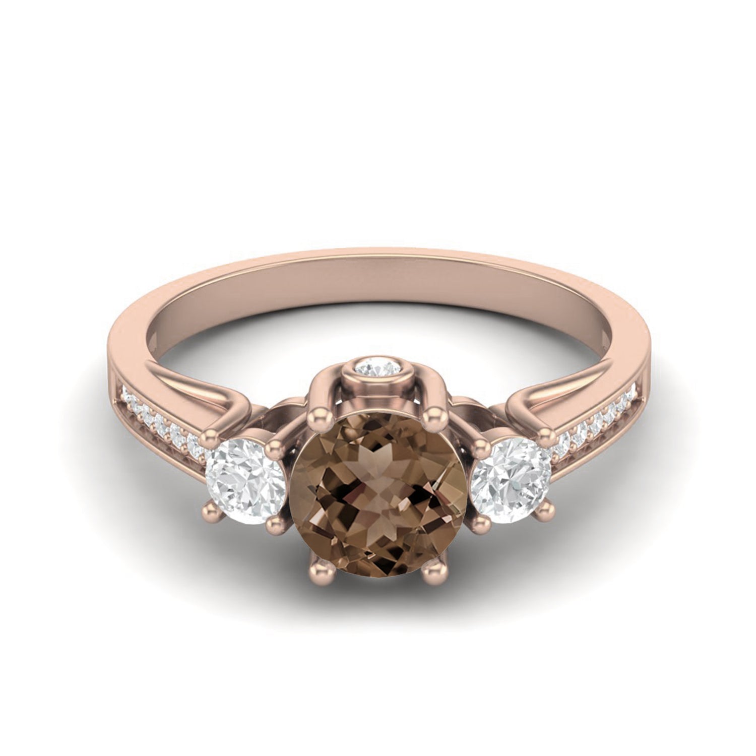 Smoky Quartz 0.75 Ct Round Three Stone Ring – 14K Yellow Gold
