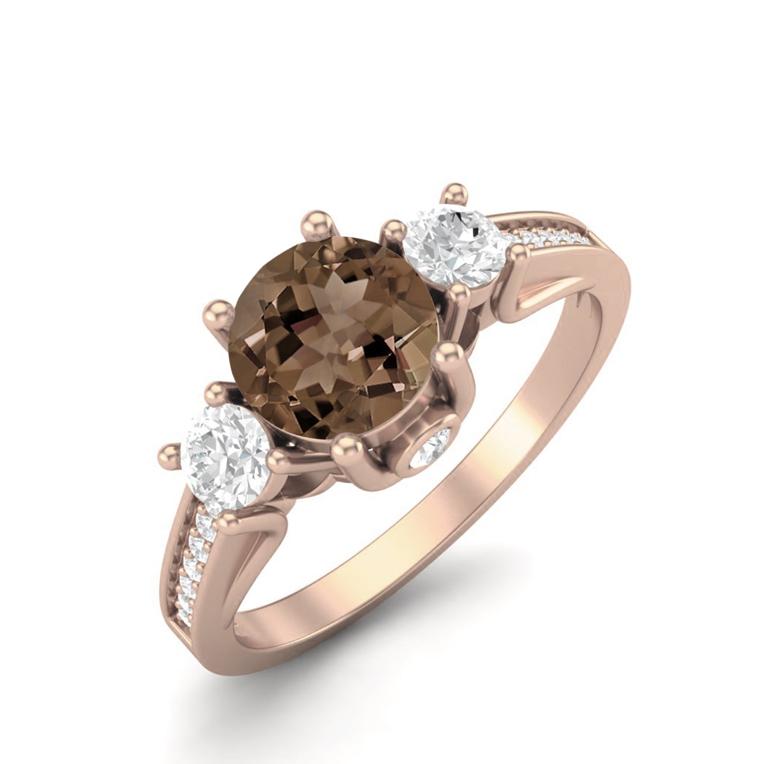 Smoky Quartz 0.75 Ct Round Three Stone Ring – 14K Yellow Gold